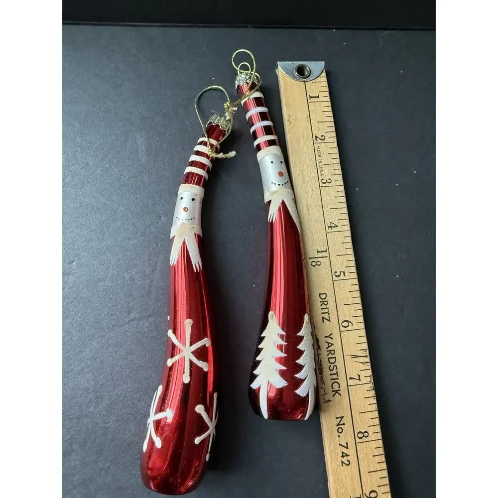 Vtg Hand Blown Glass Snowman Santa Icicle Ornament Red Set (2) Whimsy Holiday